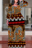 Black Brown Casual National Totem Print Pocket Contrast O Neck Printed Plus Size Dresses