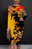 Brown Casual Floral Print Leopard Contrast O Neck Printed Dresses