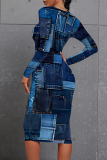 Colorful Blue Casual Faux Denim Print Contrast O Neck Printed Dresses