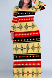 Black Brown Casual National Totem Print Pocket Contrast O Neck Printed Plus Size Dresses