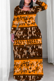 Black Brown Casual National Totem Print Pocket Contrast O Neck Printed Plus Size Dresses