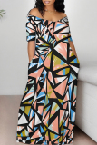 Orange Pink Sexy National Totem Geometric Print Flowers Contrast V Neck Printed Dresses