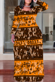 Black Brown Casual National Totem Print Pocket Contrast O Neck Printed Plus Size Dresses