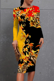 Brown Casual Floral Print Leopard Contrast O Neck Printed Dresses