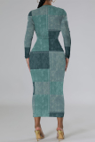 Navy Casual Faux Denim Print Distressed O Neck Printed Dresses