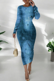 Navy Casual Faux Denim Print Distressed O Neck Printed Dresses