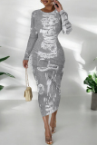 Navy Casual Faux Denim Print Distressed O Neck Printed Dresses