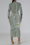 Navy Casual Faux Denim Print Distressed O Neck Printed Dresses