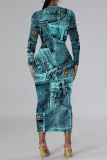 White Blue Casual Faux Denim Print Distressed O Neck Printed Dresses