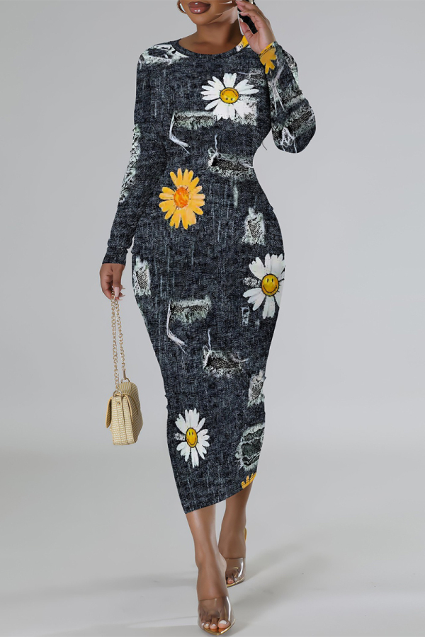 Black Gray Casual Faux Denim Print Distressed O Neck Printed Dresses