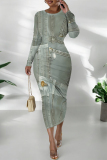 Navy Casual Faux Denim Print Distressed O Neck Printed Dresses