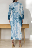 White Blue Casual Faux Denim Print Distressed O Neck Printed Dresses