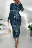 Navy Casual Faux Denim Print Distressed O Neck Printed Dresses
