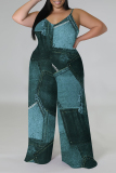 Baby Blue Sexy Faux Denim Print Distressed V Neck Plus Size Jumpsuits(With a headscarf)