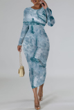 White Blue Casual Faux Denim Print Distressed O Neck Printed Dresses