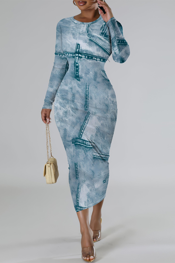 White Blue Casual Faux Denim Print Distressed O Neck Printed Dresses