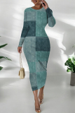 Navy Casual Faux Denim Print Distressed O Neck Printed Dresses
