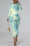 Navy Casual Faux Denim Print Distressed O Neck Printed Dresses