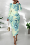 Navy Casual Faux Denim Print Distressed O Neck Printed Dresses