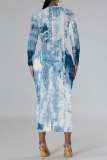 White Blue Casual Faux Denim Print Distressed O Neck Printed Dresses