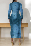 Navy Casual Faux Denim Print Distressed O Neck Printed Dresses