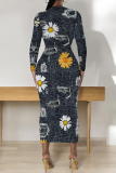 White Blue Casual Faux Denim Print Distressed O Neck Printed Dresses