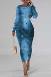 Navy Casual Faux Denim Print Distressed O Neck Printed Dresses