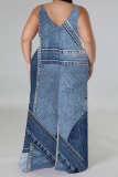 Baby Blue Sexy Faux Denim Print Distressed V Neck Plus Size Jumpsuits(With a headscarf)