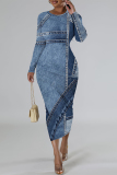 White Blue Casual Faux Denim Print Distressed O Neck Printed Dresses