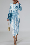 White Blue Casual Faux Denim Print Distressed O Neck Printed Dresses