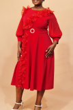 Red Elegant Solid Color Beading Stringy Selvedge O Neck Long Plus Size Dresses