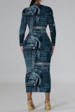 Navy Casual Faux Denim Print Distressed O Neck Printed Dresses