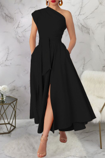 Black Casual Solid Color Slit Oblique Collar Long Dresses