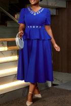 Blue Elegant Zipper Ruffled Trim V Neck Long Plus Size Dresses