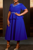 Blue Elegant Zipper Ruffled Trim V Neck Long Plus Size Dresses