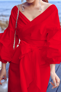 Red Casual Solid Color Patchwork Strap Design V Neck Tops