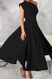 Blue Casual Solid Color Slit Oblique Collar Long Dresses