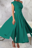 Blue Casual Solid Color Slit Oblique Collar Long Dresses