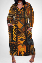Black Orange Casual Geometric Print Stripe Pocket Contrast V Neck Printed Plus Size Dresses