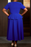 Blue Elegant Zipper Ruffled Trim V Neck Long Plus Size Dresses