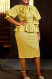 Gold Elegant Solid Color Slit Bow Decor Ruffled Trim O Neck Wrapped Skirt Plus Size Dresses