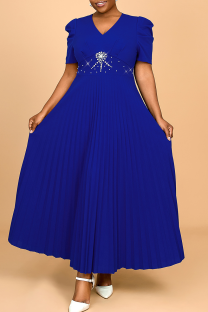 Blue Elegant Solid Color Beading Zipper Pleated V Neck Long Plus Size Dresses