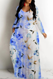 Purple Green Elegant Floral Print Pocket Contrast V Neck Printed Dresses