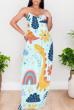 Light Green Sexy Graffiti Print Cartoon Pocket Contrast V Neck Printed Dresses
