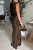 Gold Sexy Formal Solid Color Patchwork Deep V Neck Long Dresses
