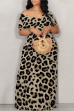 Grey Sexy Leopard Contrast V Neck Printed Dresses