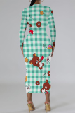Ink Green Casual Plaid Cartoon Print Flowers Contrast O Neck Printed Dresses