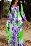 Purple Green Elegant Floral Print Pocket Contrast V Neck Printed Dresses