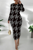 Black Elegant Geometric Print Contrast O Neck Printed Dresses