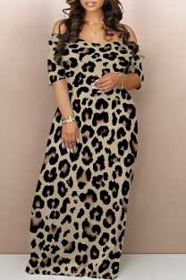 Coffee Sexy Leopard Contrast V Neck Printed Dresses